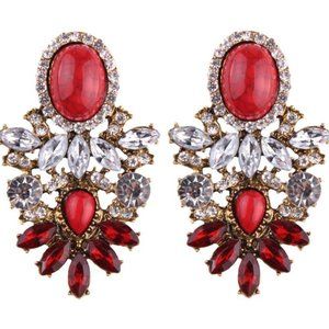 Simulated Red Coral Rhinestone Earrings For Pageant Pron Wedding